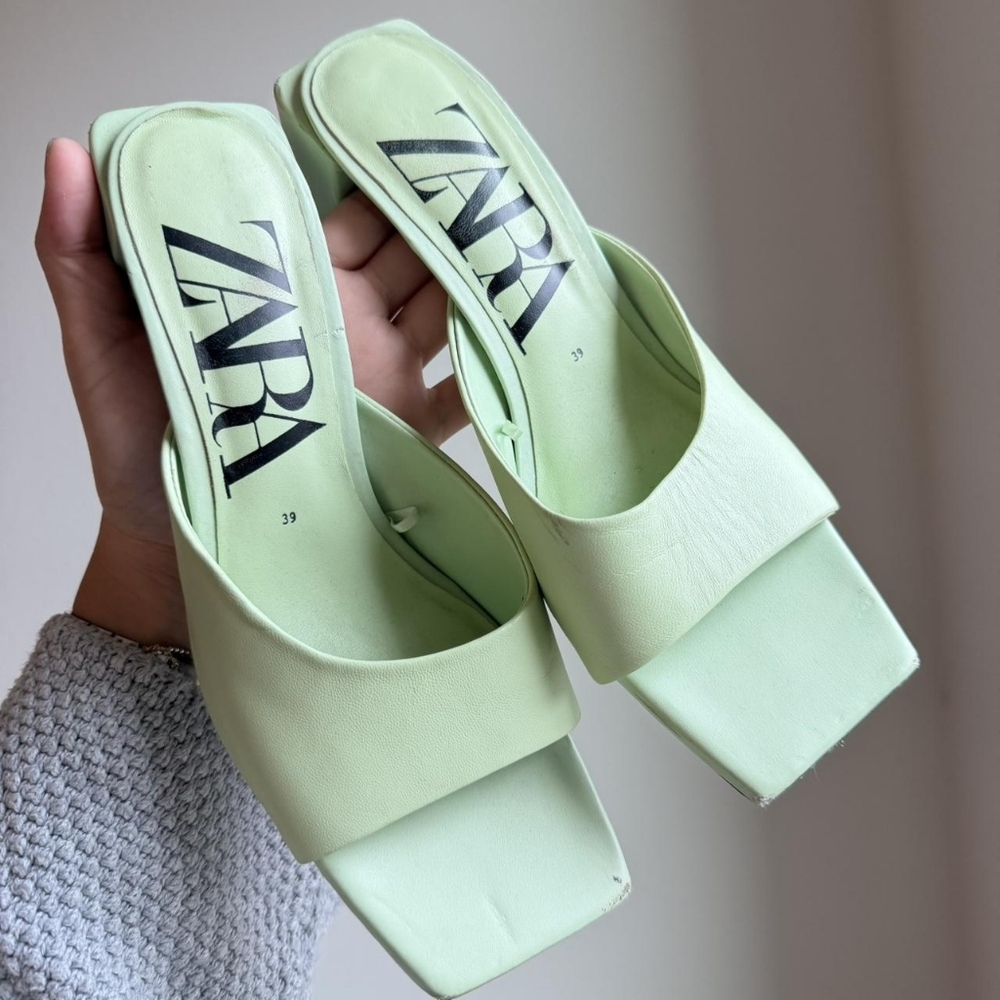 ZARA Pastel Mint Square-Toe Mule Sandals